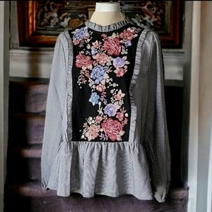 Savanna Jane Top, M, L, Embroidered Pinstripe Blouse, EUC, Almost New!